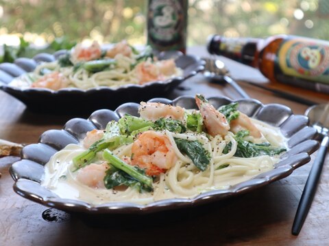 ワンパンで出来る!えひと菜ばなのクリームひやむぎ